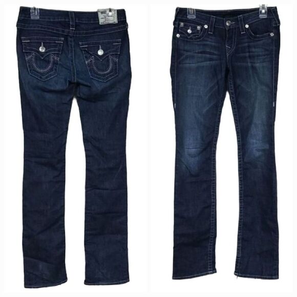 True Religion Women's Billie Straight Jean with Flap Mid-Rise Dark Blue Denim 27 - Picture 2 of 11